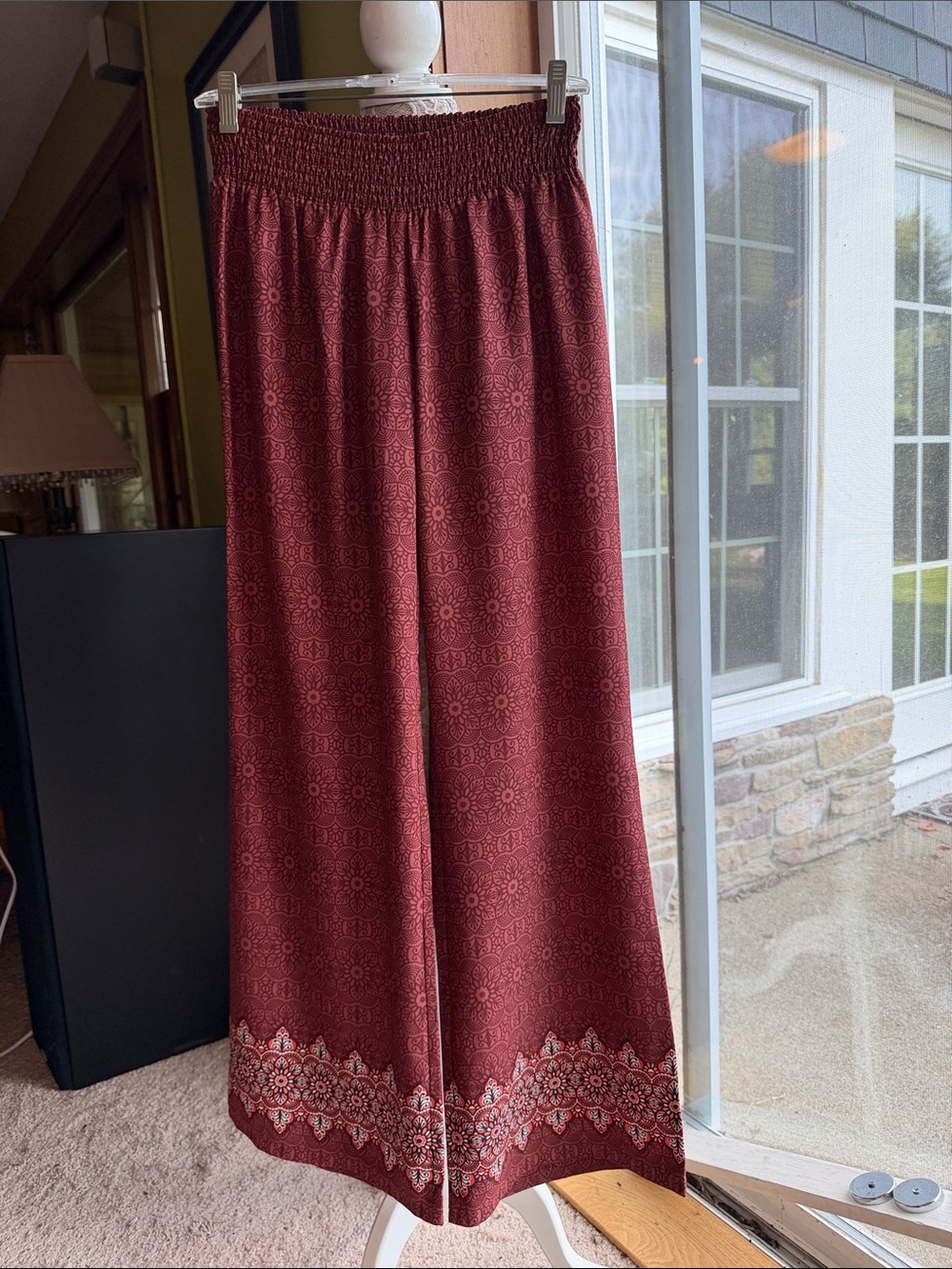 Prana Women's Wide Leg Smocked Waist Pants - Deep Burgundy with Border Print